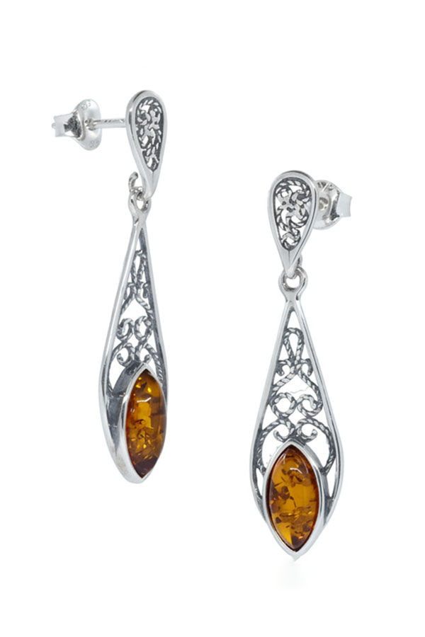 Boucles pendantes dentelle ambre et argent
