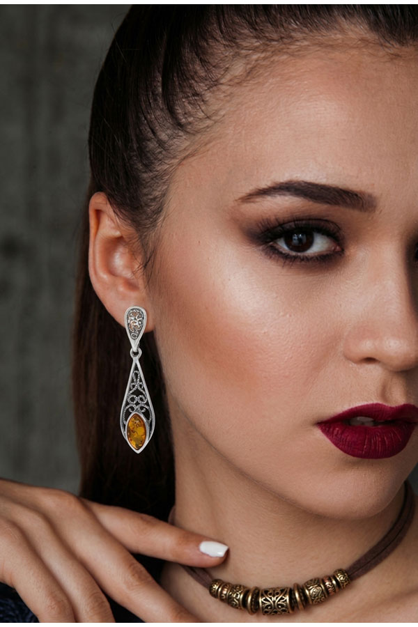 Boucles pendantes dentelle ambre