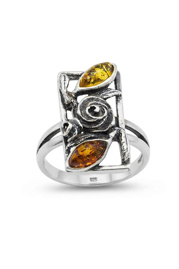Bague-Argent-et-Ambre-Floral, vintage