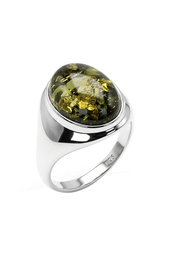 Bague En Ambre Vert & argent Ovale