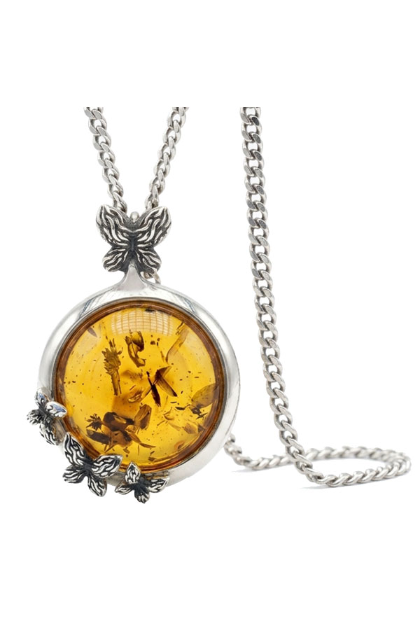 Collier ambre et argent papillon